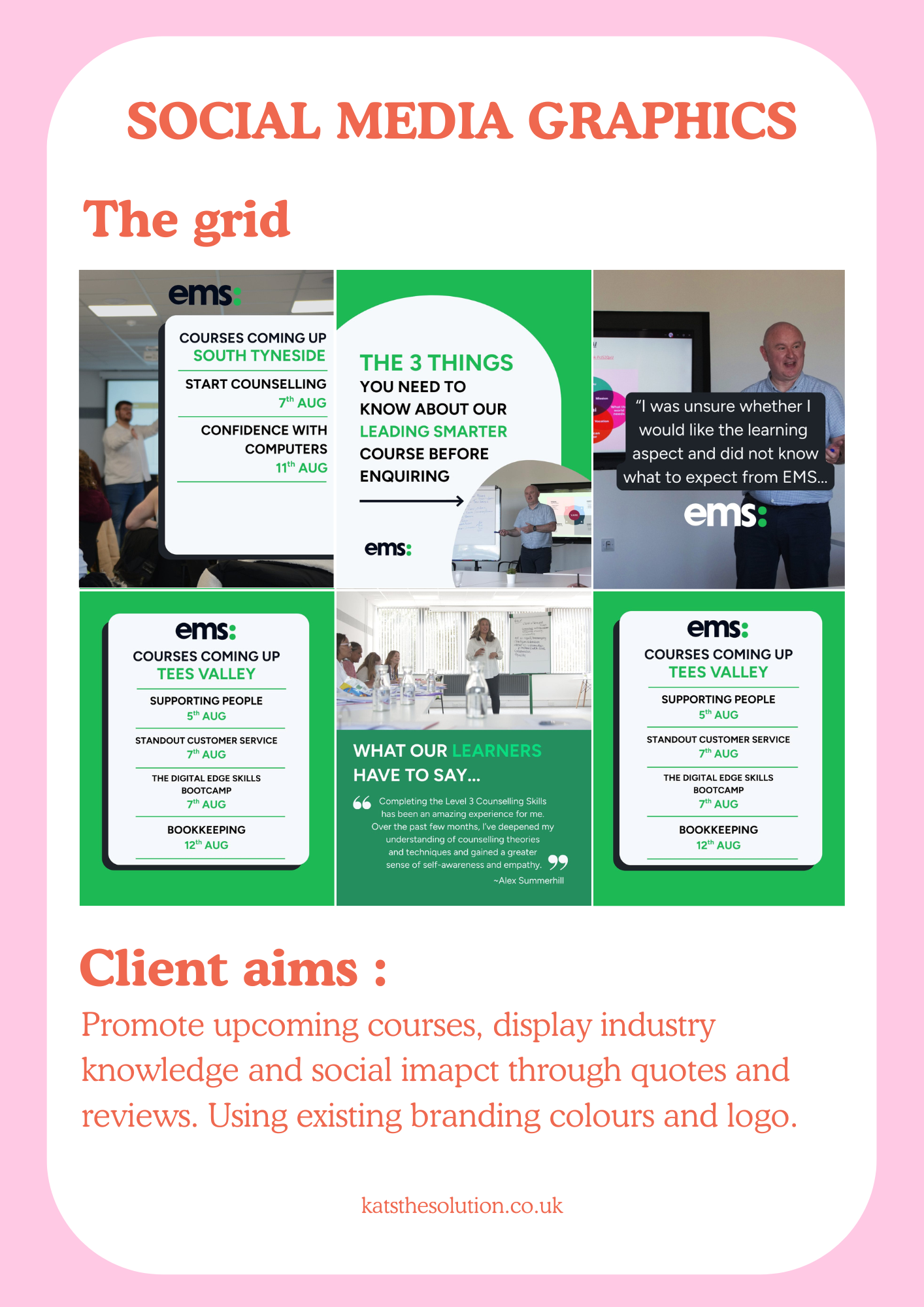 A colorful infographic about social media graphics, including sections about upcoming courses, the top three things to know about a course, learner feedback, and supporting industry. The infographic has images of people presenting in a classroom, and