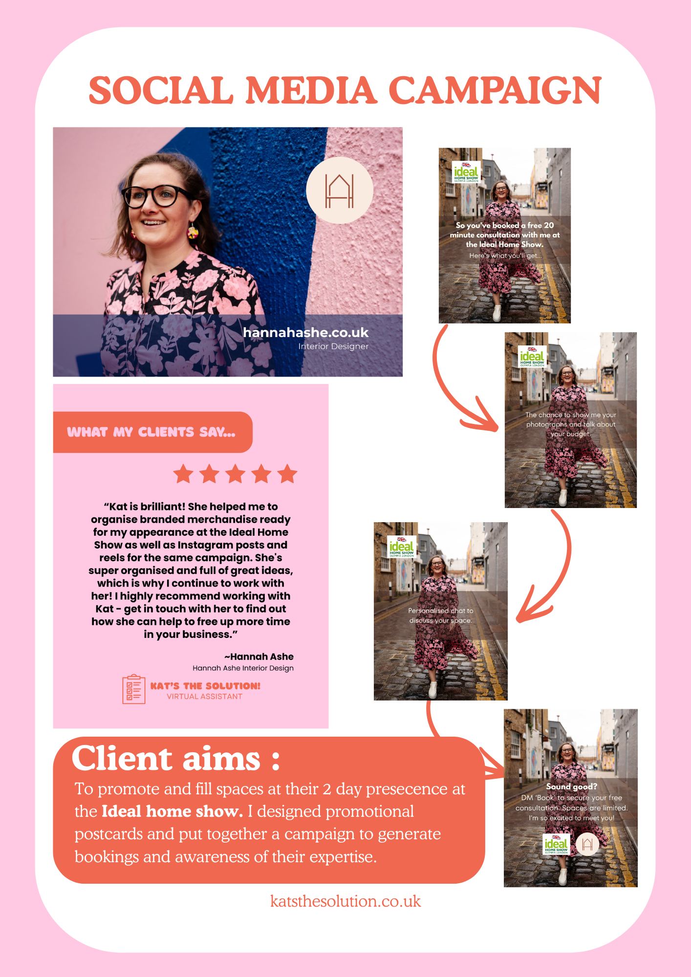 A marketing poster for a social media campaign promoting Hannah Ashes' interior design services. The poster features a large photo of a smiling woman with glasses and earrings, standing against a colorful pink and blue wall. There are smaller images 