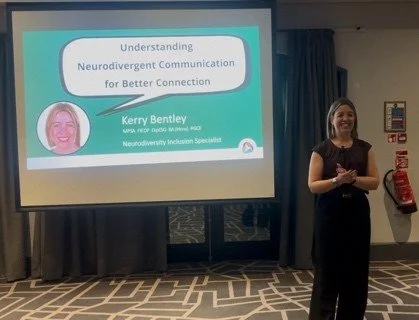 Kerry Bentley delivered neurodivergent inclusion and understanding neurodivergent communication in a room to a group of people