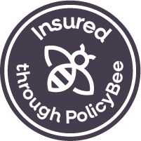 Logo with a bee icon and the text 'Insured through PolicyBee' in a circular design