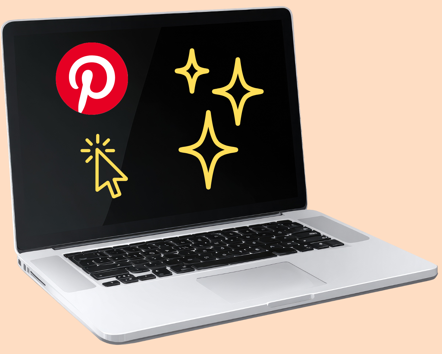 Laptop with a black screen displaying a Pinterest logo, a yellow cursor, and three star-like sparkles.