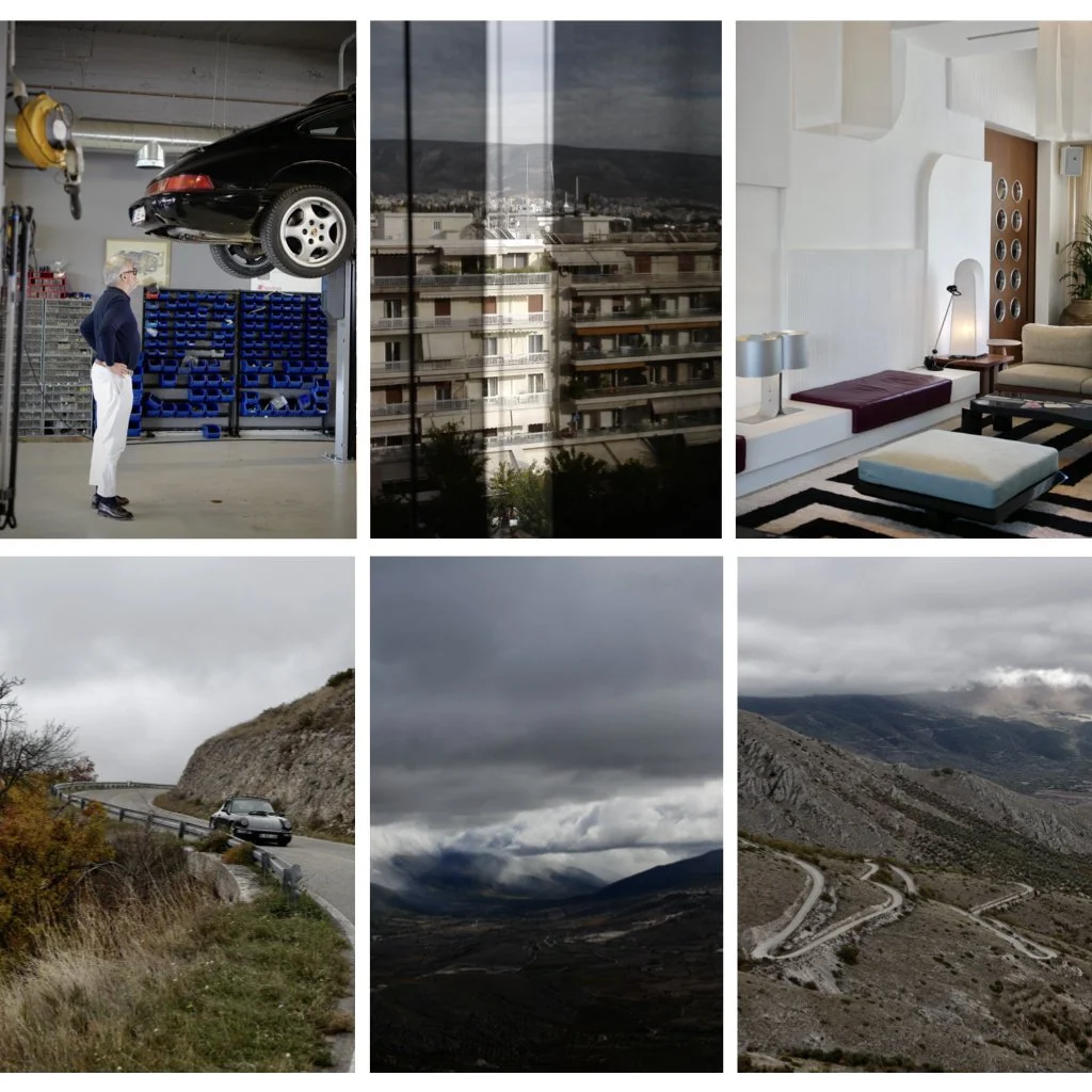 Collage of six images: a restored Porsche 911 model 964, cityscape of Athens, ACE HOtel Athens interior, winding mountain road Abruzzo, cloudy mountain landscape Abruzzo, rugged mountain terrain near L'Aquila.