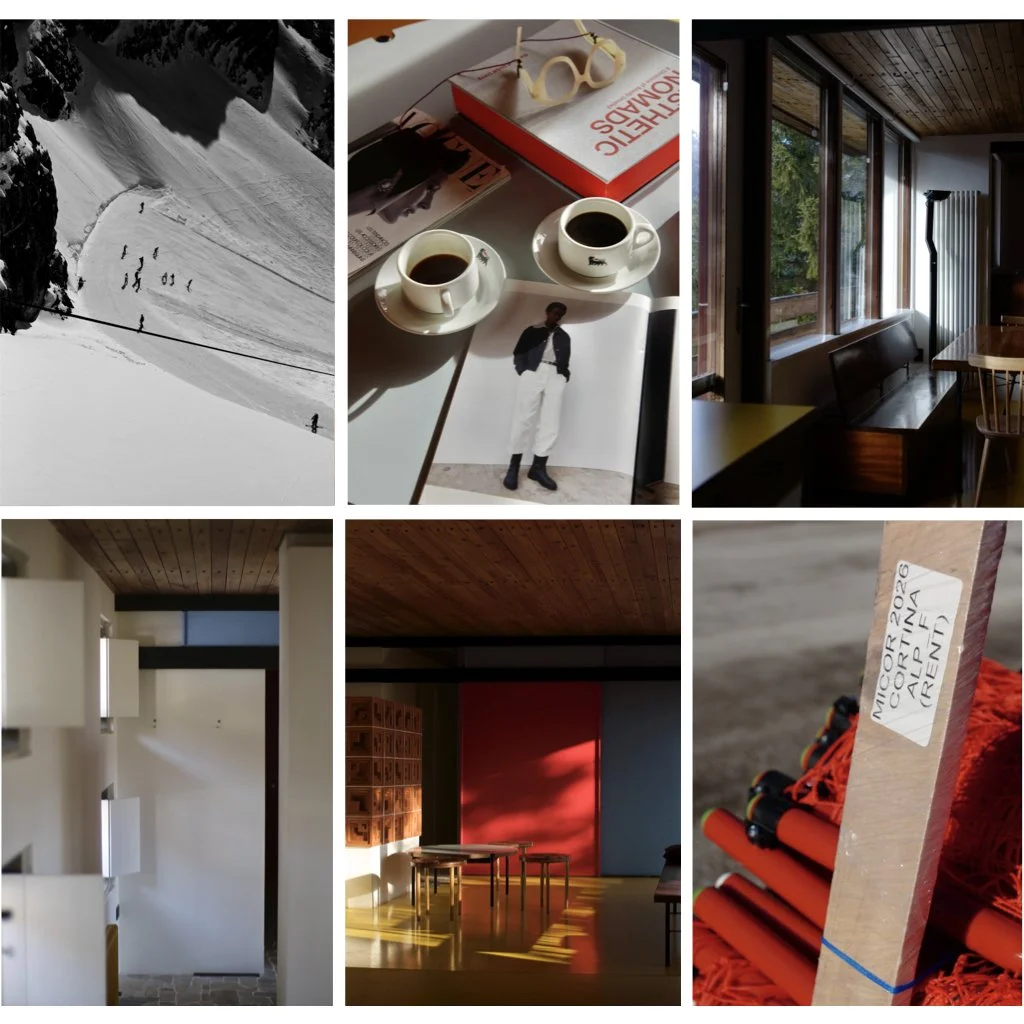 A photo collage of Cortina d'Ampezzo during the Milano-Cortina 2026 winter Olympics and photos of Villaggio Eni in Borca di Cadore