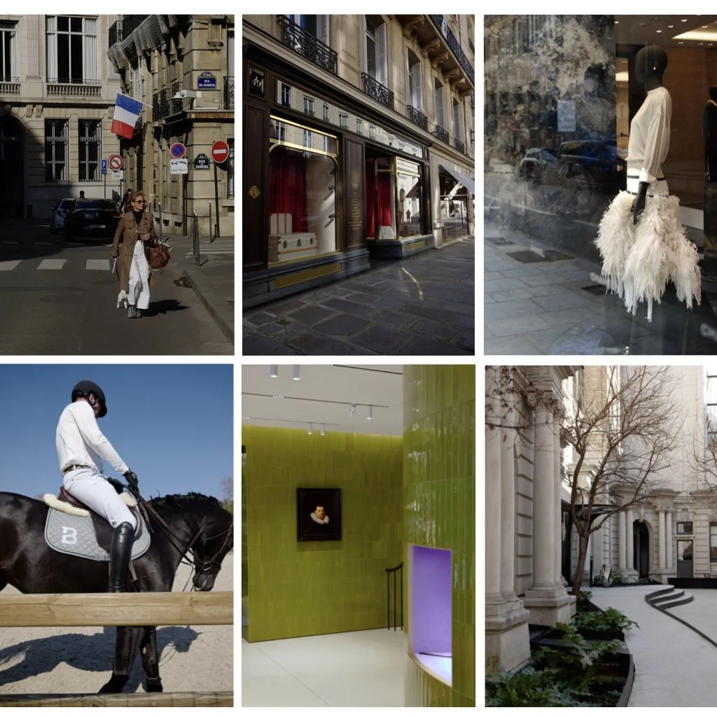 Six-image collage of Paris in the 8th arrondissement in 2026 in spring: street scenes, fashion boutiques and horses at Saut Harmes