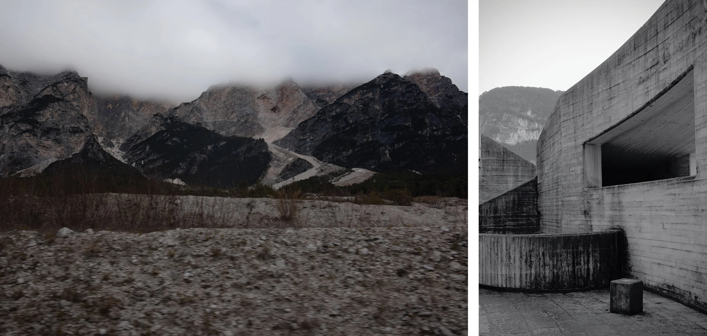 Diptych of a Dolomiti landscape in winter and the Santa Maria Immacolata church in Longarone. Sinuous concrete and landscape.