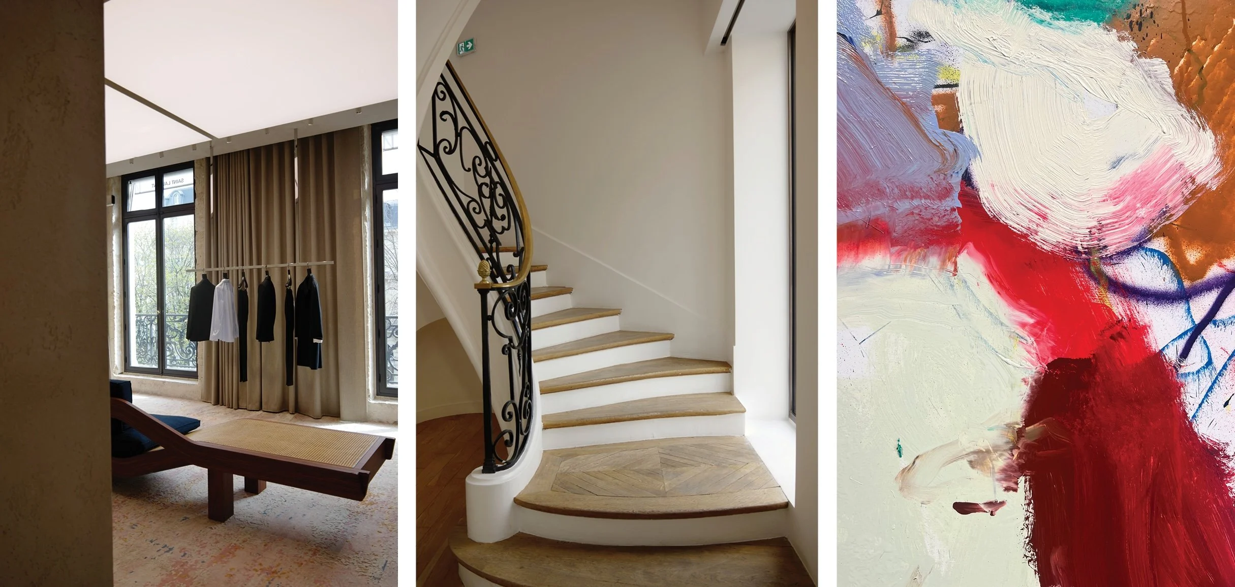 Collage with interior of the Saint Laurent flagship store on Avenue Montaigne and Perrotin Gallery at Aven ue Matignon Paris