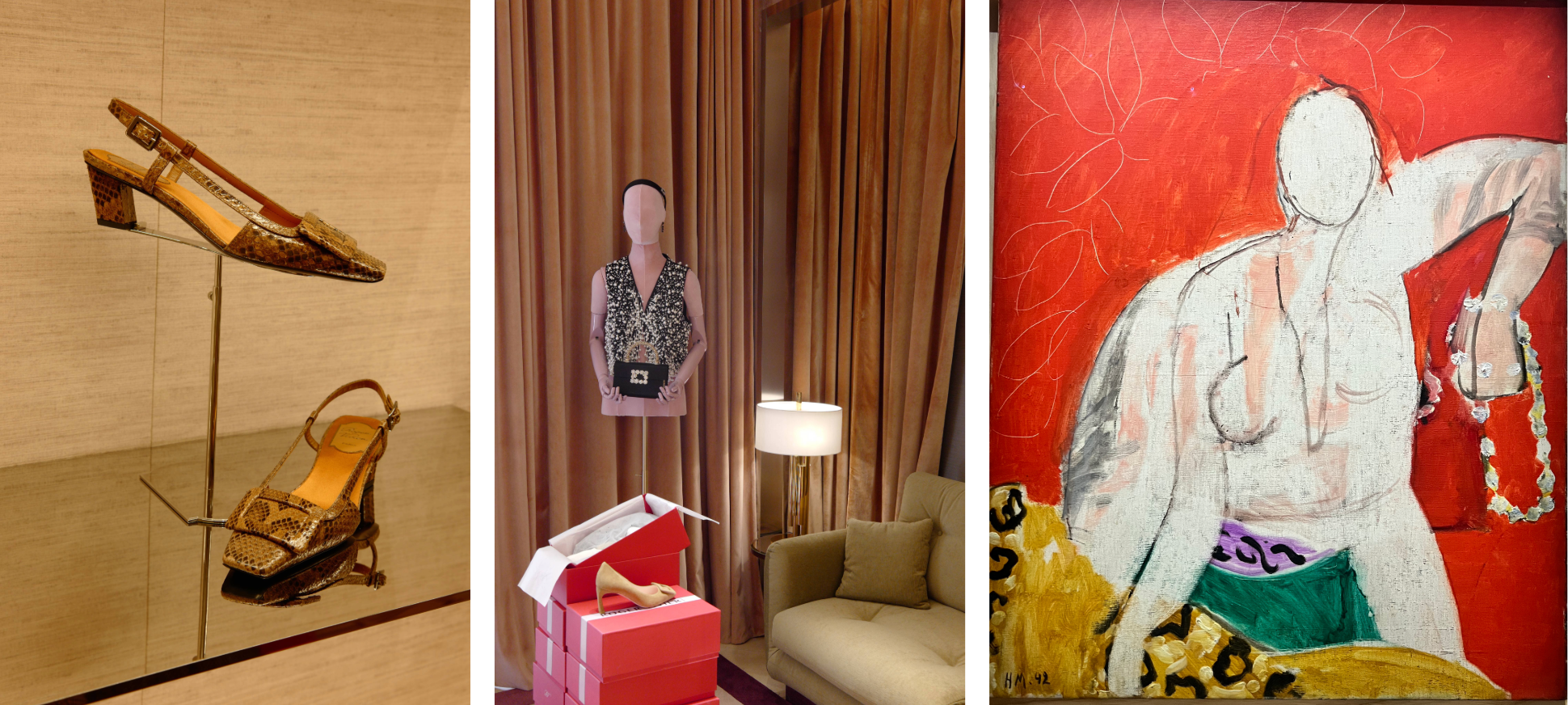 Series of photos of female elagance, including Roger Vivier flagship store on Rue Faubourg Saint Honore, and a painting woman with pearls by henri Matisse