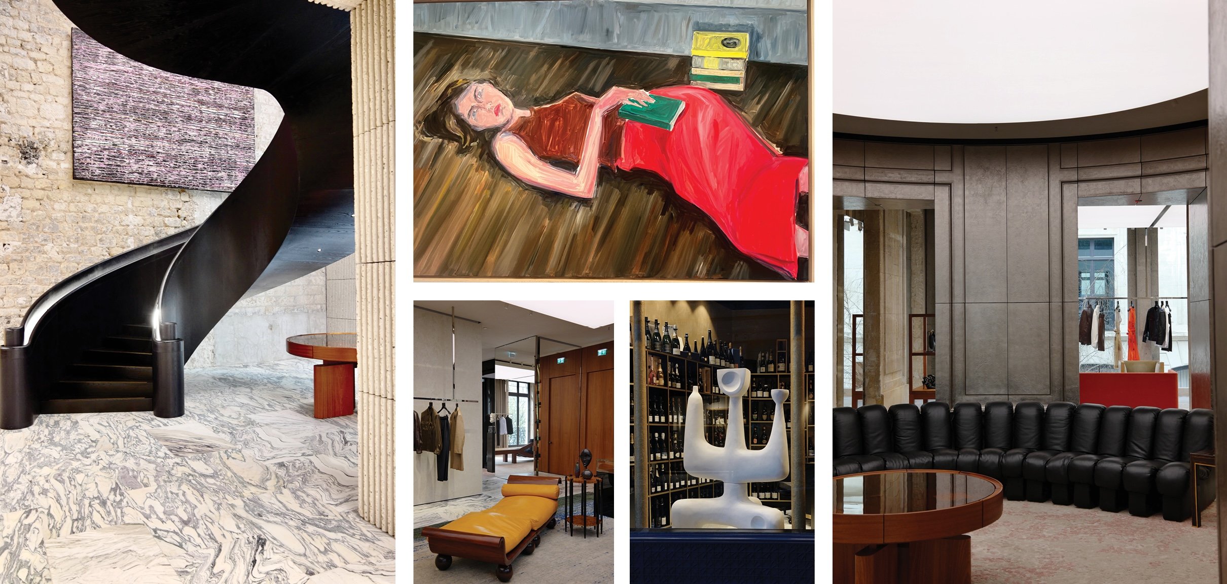 Collage of photos of the Saint Laurent flagshiop store at Avenue Montaigne Paris, an artwork of Jean-Philippe Delhomme at Perrotin, Paris and the shop wiindow of  Prestige Cellar wine shop, Paris