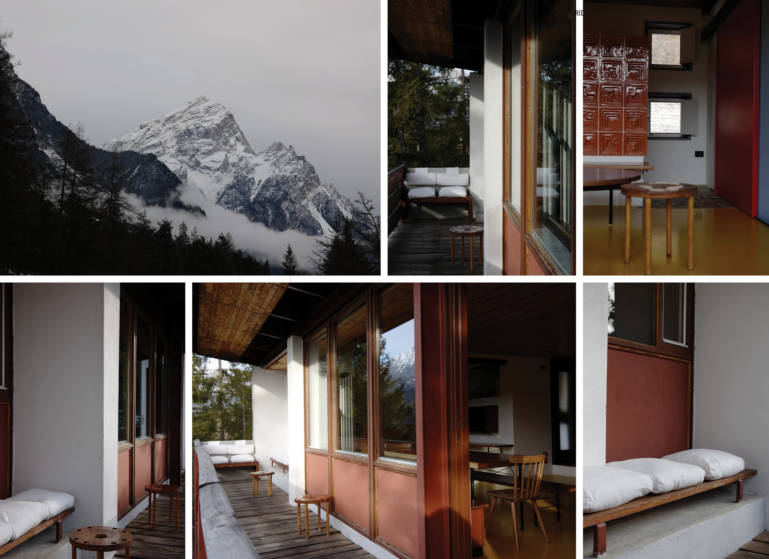 Monte Antelao and detail photos of th chalets in Villaggio Eni in Borca di Cadore, designed by Edoardo Gellner