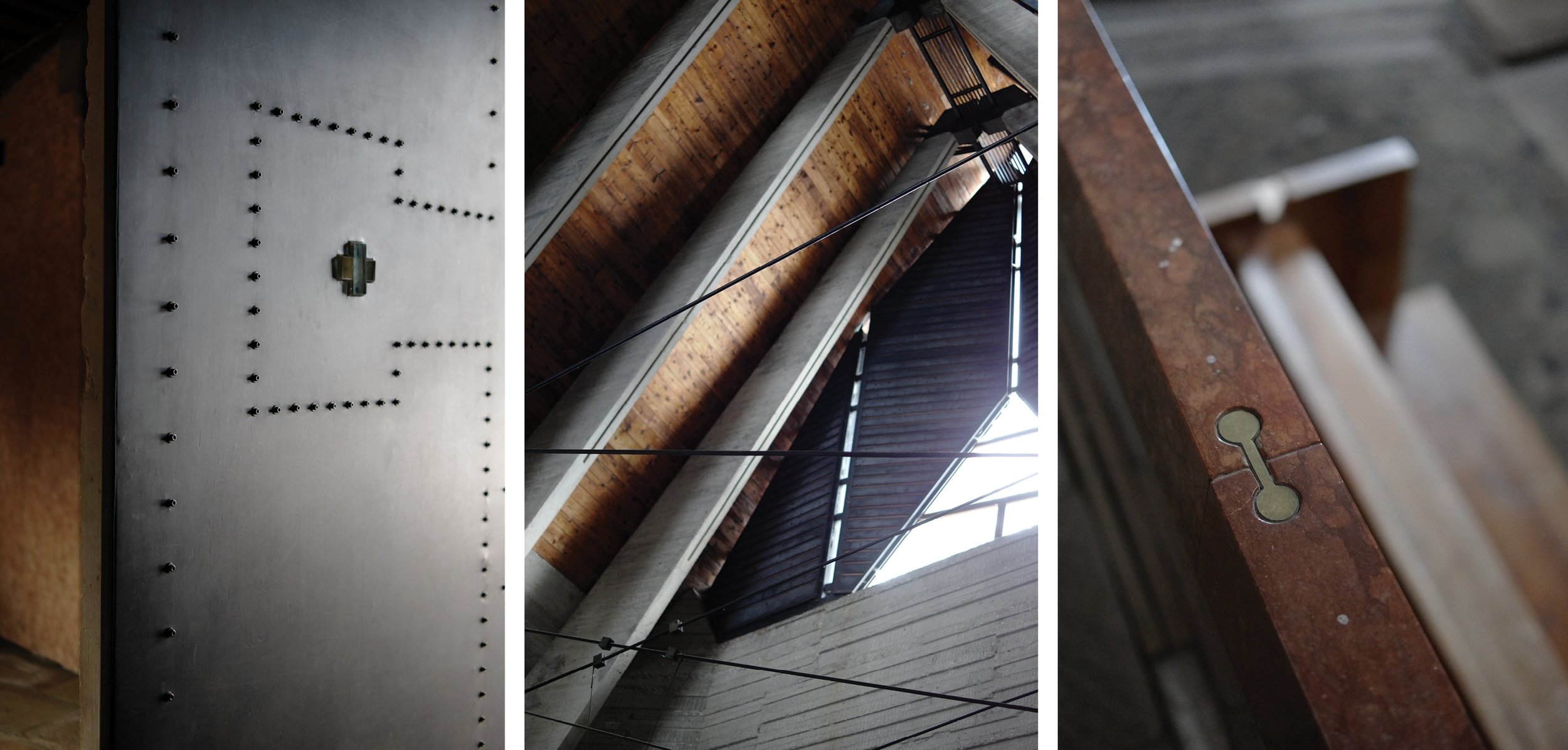 detail photos of the church at Villaggio ni in Borca di Cadore, architects Edoardo Gellner and Carlo Scarpa.