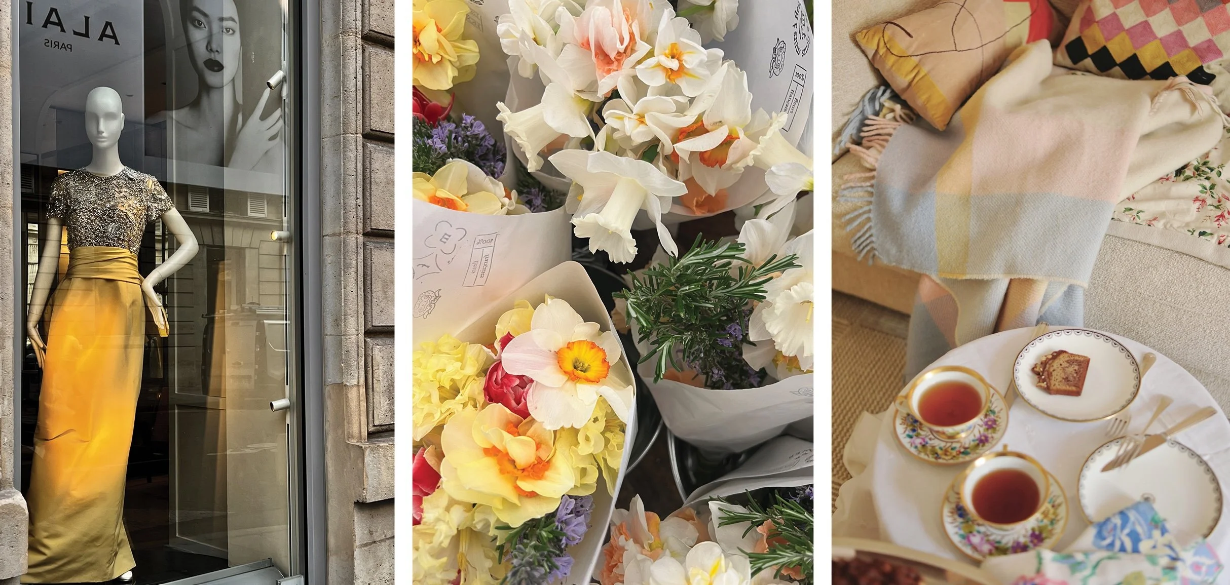 Series of photos with yellow dress by Alaia and a flower stand at Le Bon Marché in Paris