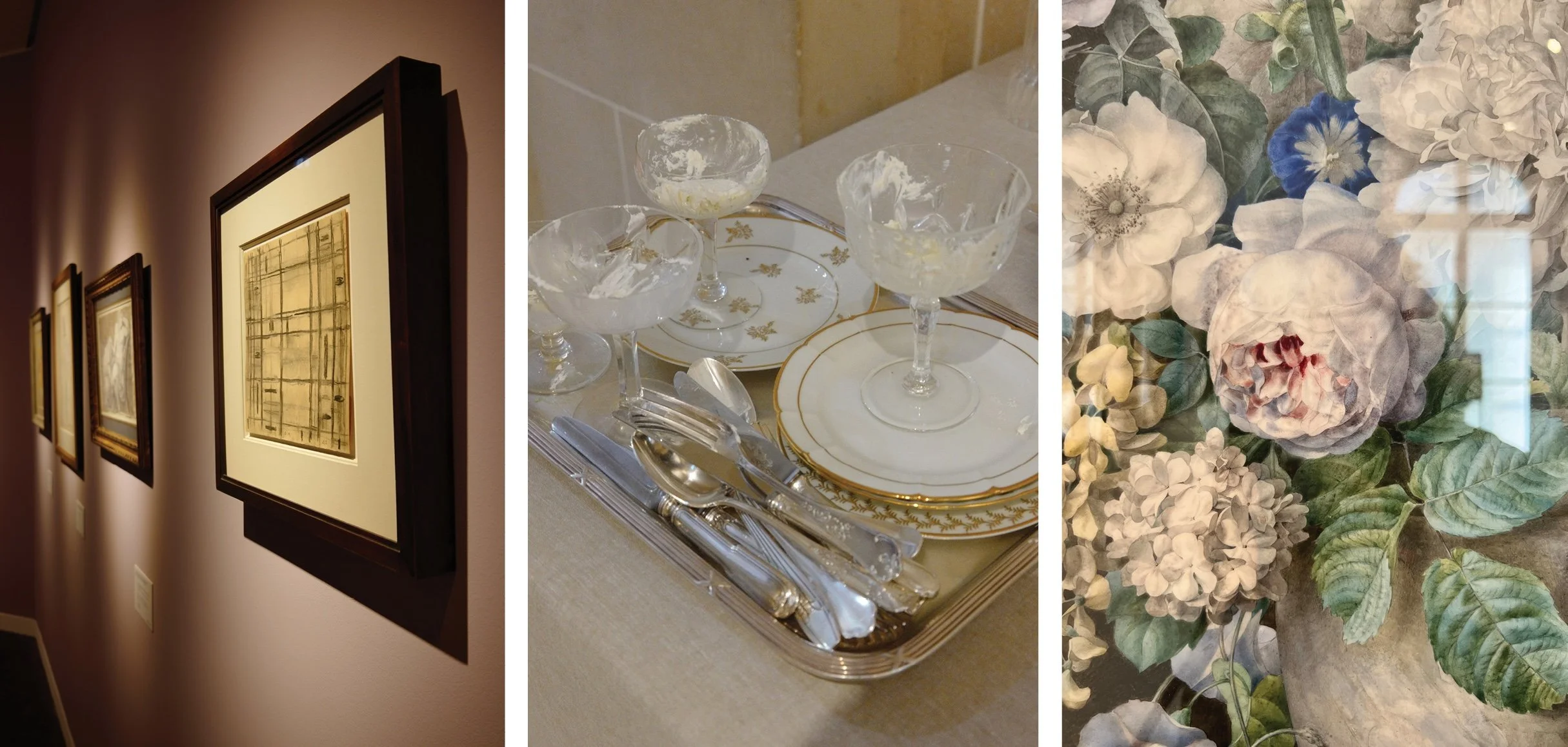 Art, table setting and flowers beautifully arranged