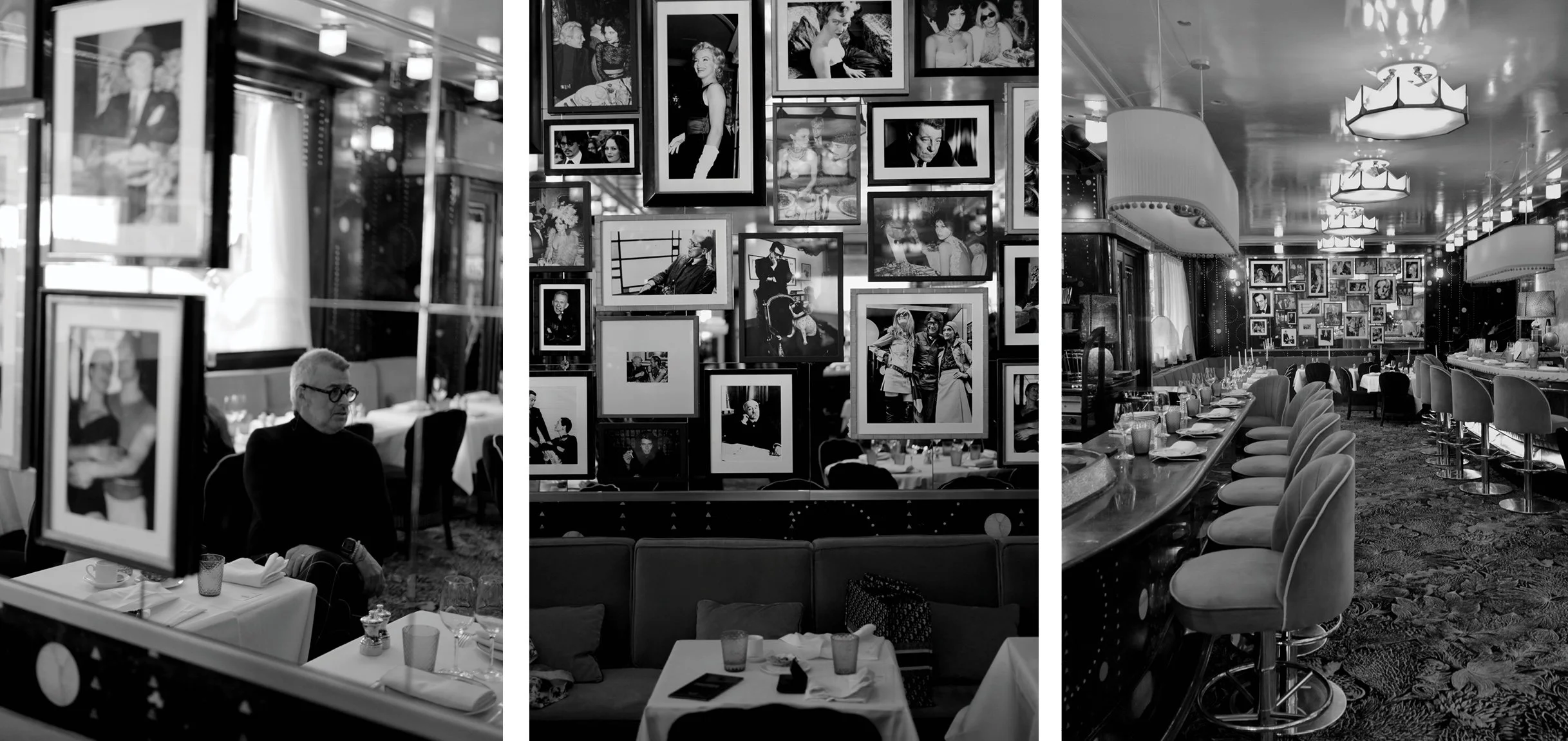 Series of images of restaurant Prunier Avenue Victor Hugo in Paris, including guest, wonderwall, and interior shop of the bar