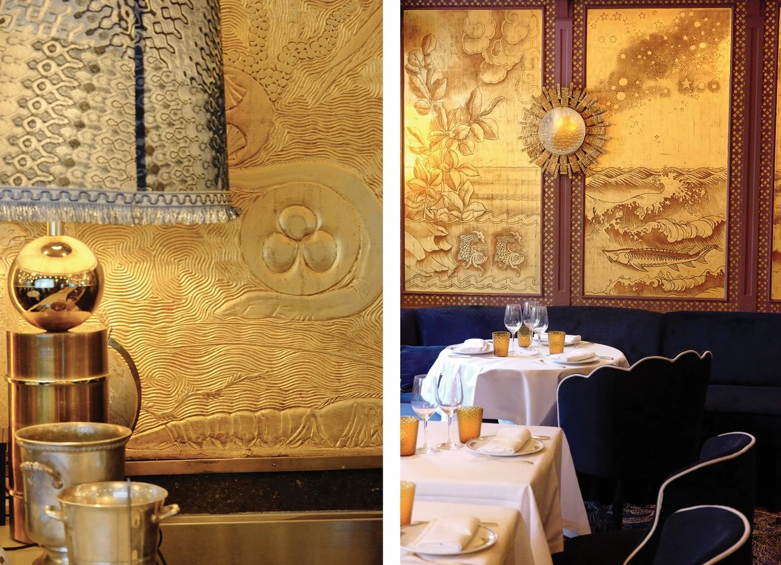 Series of photos of the elegant interiors of Restaurant Prunier on Avenue Victor Hugo, Paris