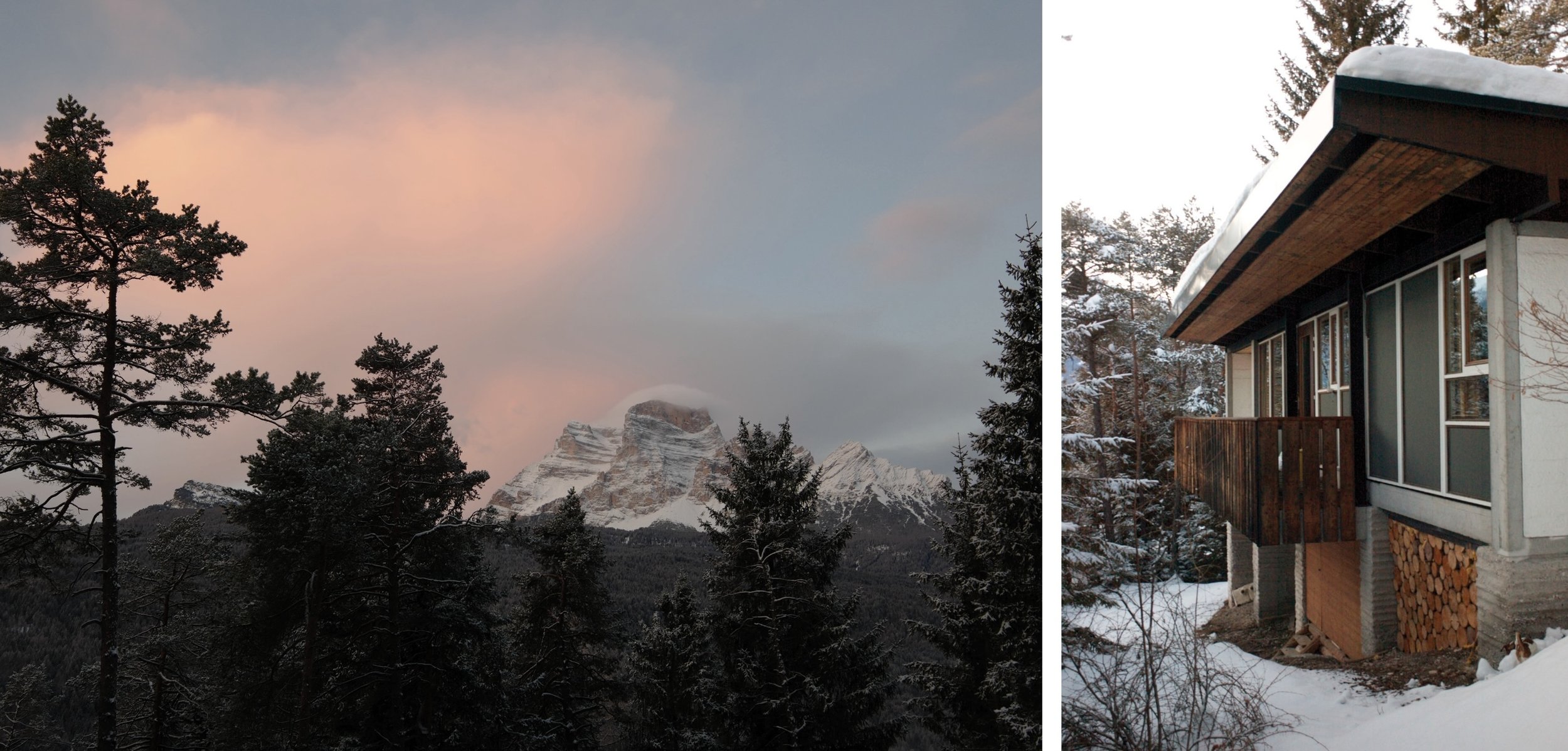 Mount Pelmo seen from the Villaggio Eni in Borca di Cadore and one of the typical chalets in the village.