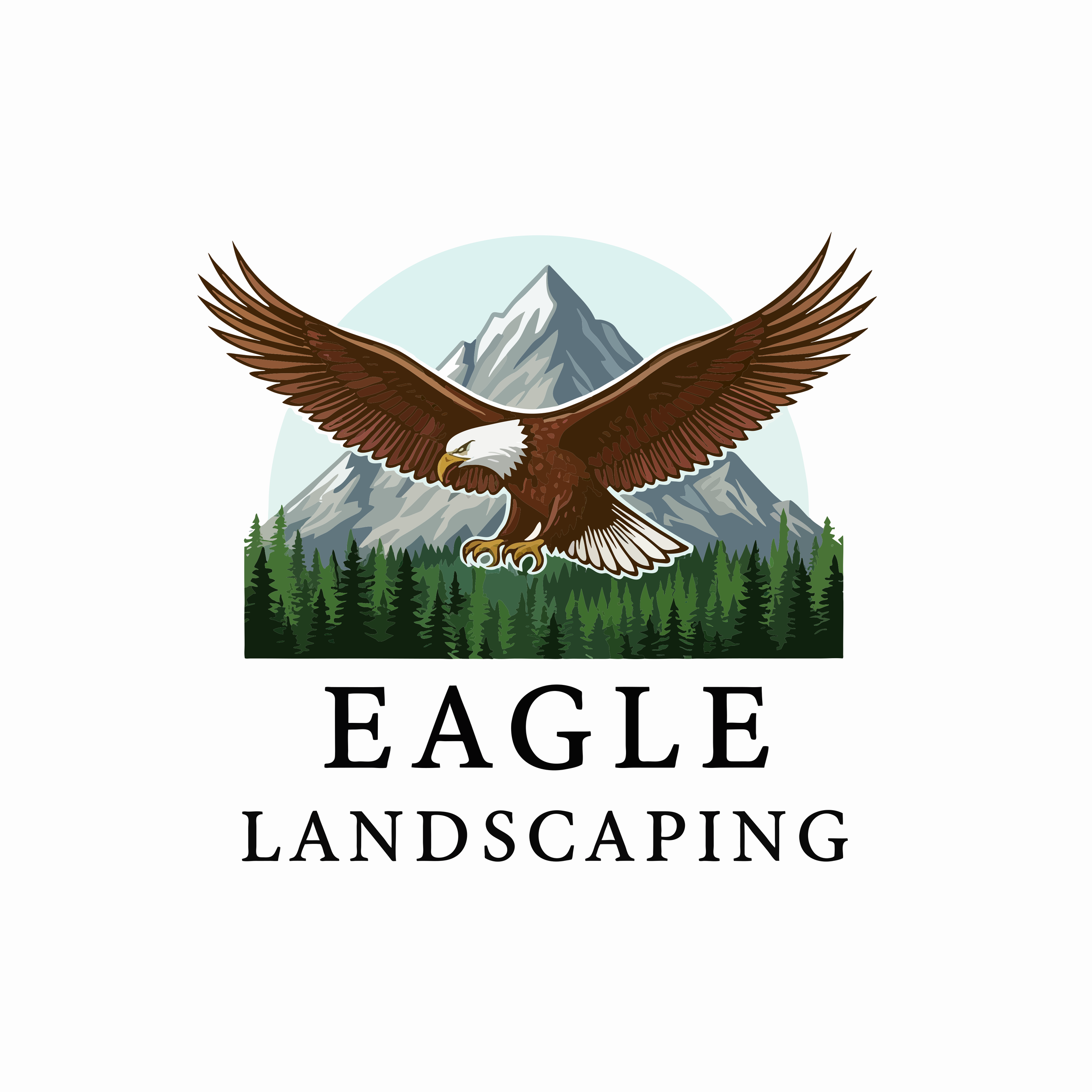 Logo of Eagle Landscaping, featuring an eagle with outstretched wings flying over a mountain range with trees in the foreground.