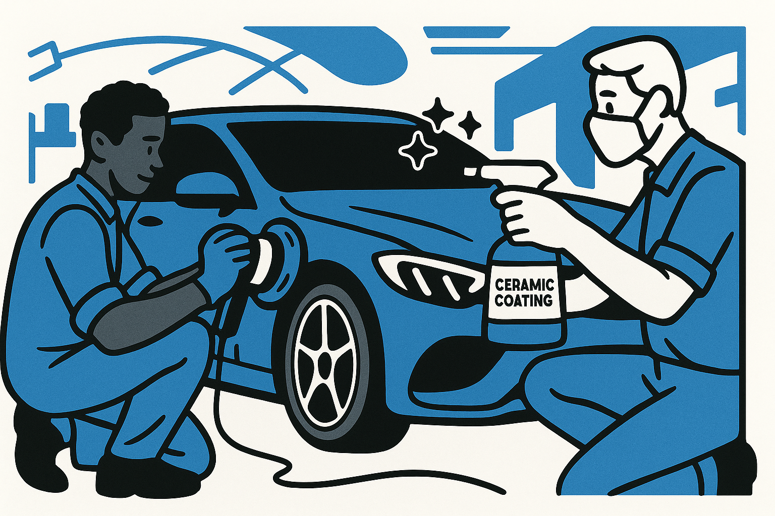 Cartoon of Ceramic Coating Installation by Master Clean