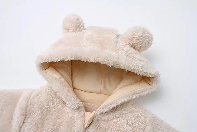 beige faux fur hooded cowt with animal ears.