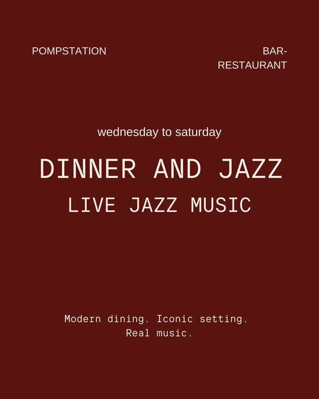 Eten op z&rsquo;n best, muziek als sfeermaker! 

Elke vrijdag en zaterdag live muziek bij Pompstation, niet te hard, precies goed. Geniet van achtergrondmuziek tijdens het diner, goed gezelschap, en eten en wijn die uitnodigen om te blijven hangen.
W