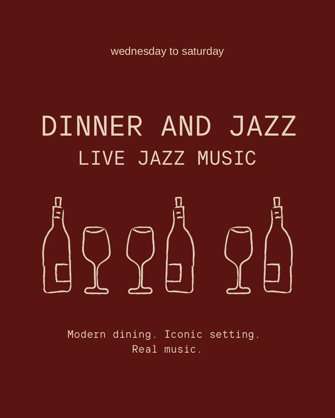People often ask how evenings work here.

You book a table.
You order &agrave; la carte.
And as the room fills, live jazz sets the rhythm of the night.

Just great food, flowing conversation, and music that lives in the background, exactly as it shou
