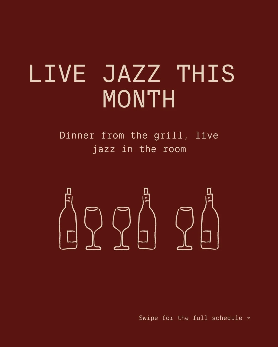 You book a table.
You order &agrave; la carte.
And as the room fills, live jazz sets the rhythm of the night.

Just great food, flowing conversation, and music that lives in the background, exactly as it should.

Check out this month&rsquo;s live jaz