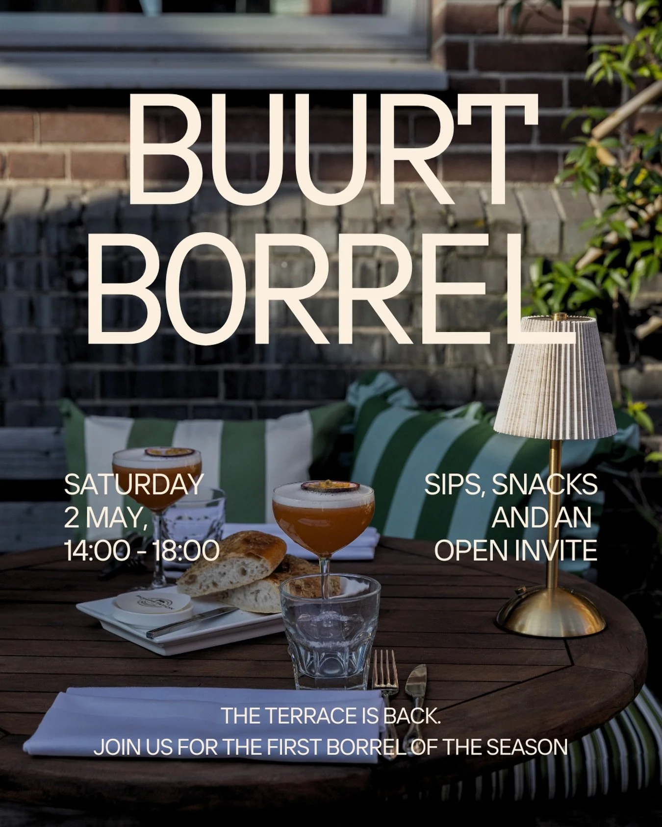 The weather is warming. The terrace returns.

Join us for our first Buurt Borrel at Pompstation . A afternoon of drinks, small bites and good company.

Saturday, 2 May | 14:00&ndash;18:00
No reservations, just walk in.

#PompstationAmsterdam #Amsterd