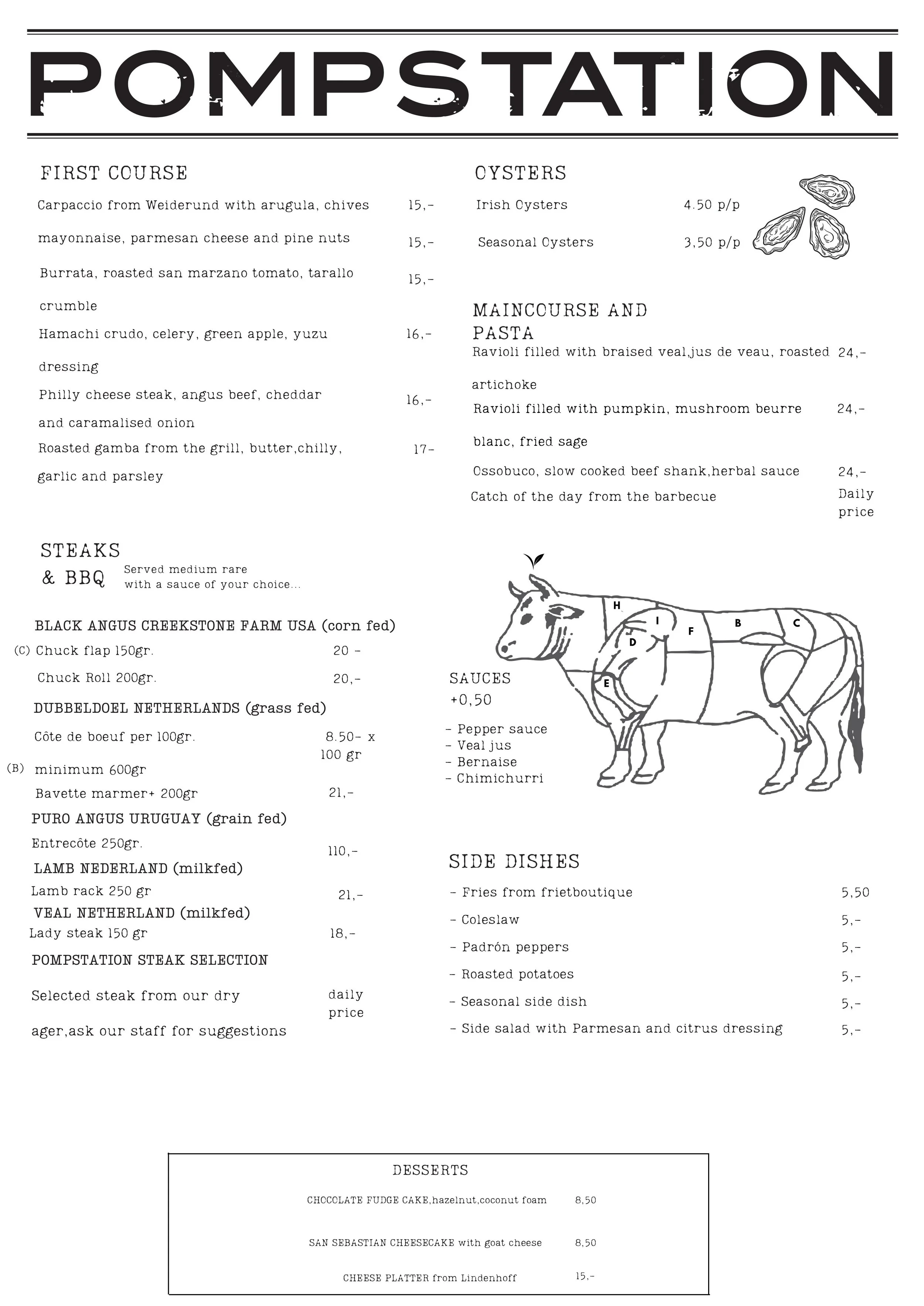 Menu met verschillende gerechten, inclusief oesters, steaks, pastagerechten en bijgerechten, met illustratie van een koeign diagram en een afbeelding van oesters.
