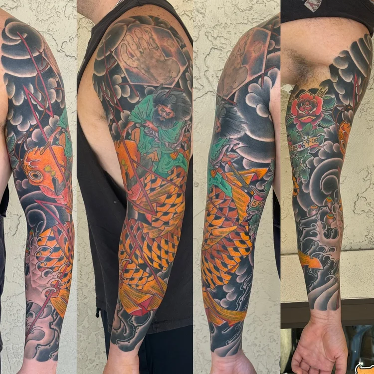 Japanese full sleeve with a warrior, koi and dragon