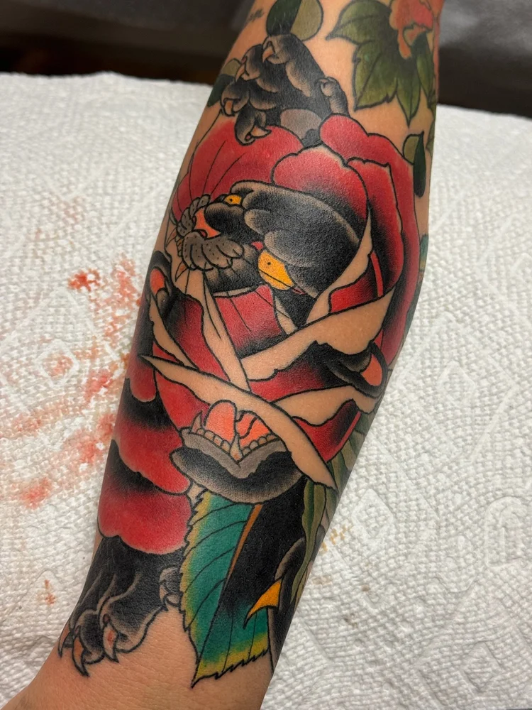 American Traditional black panther and red rose tattoo on a forearm