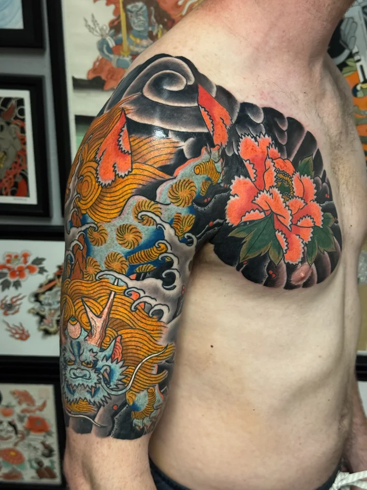 Japanese chest panel and half sleeve with peonies and waves