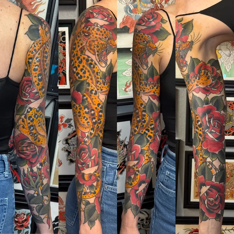 Japanese leg sleeves with a tiger, peonies and wind bars by Chris Buckholts