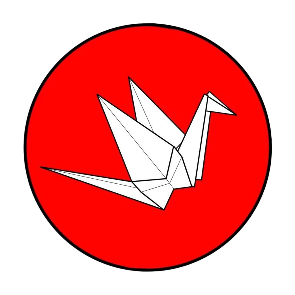 Chris Buckholts Tattoo logo, a white origami crane in a red circle