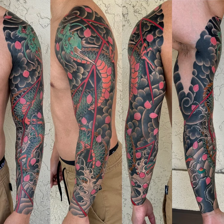 Japanese full sleeve with a dragon and cherry blossoms