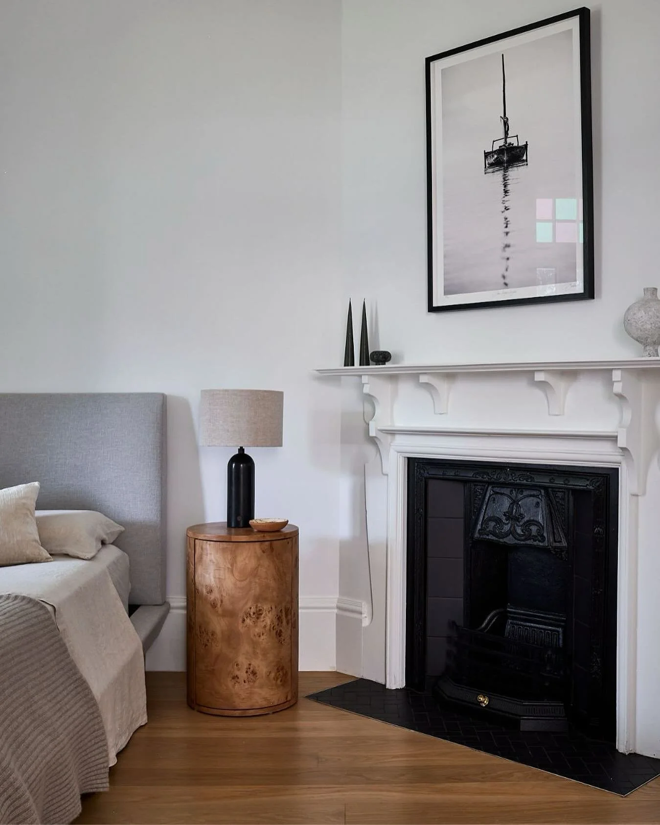 Every project is a collaboration &mdash; with clients, with craftsmen, and with suppliers who see beauty the way we do.

This burl nightstand by @racheldonath adds a perfect layer of warmth in this neutral guest room.

I loved seeing her collection a
