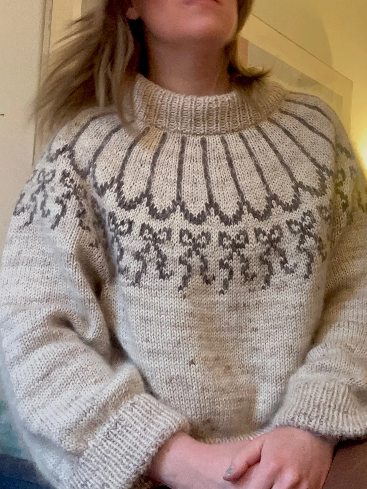 here she is: a comfy cozy #northernaugustinsno4 designed by @augustins.dk knit up in Maps Yarn Superwash Worsted + Angel Fluff in Under the Pavement, the Beach and Organic Merino Fingering in Hickory St.