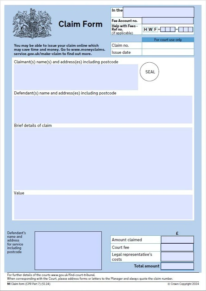 Part 7 N1, Part 8 N208, Form N9B for claim and defence forms under civil procedure rules