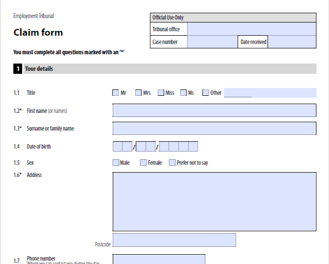 Et1 claim form for employment tribunal