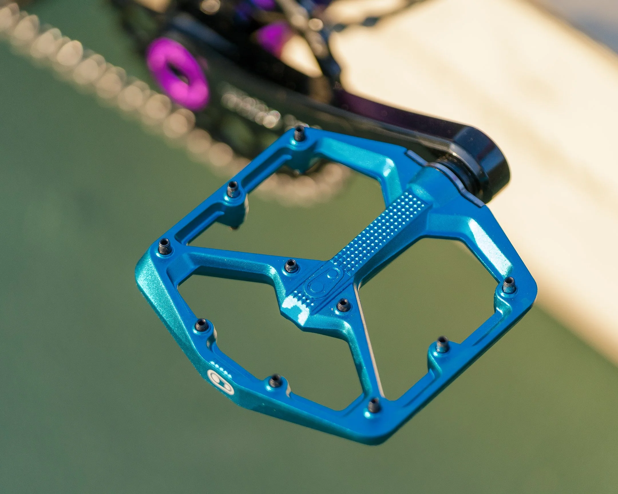 A photograph of a colorful bike pedal