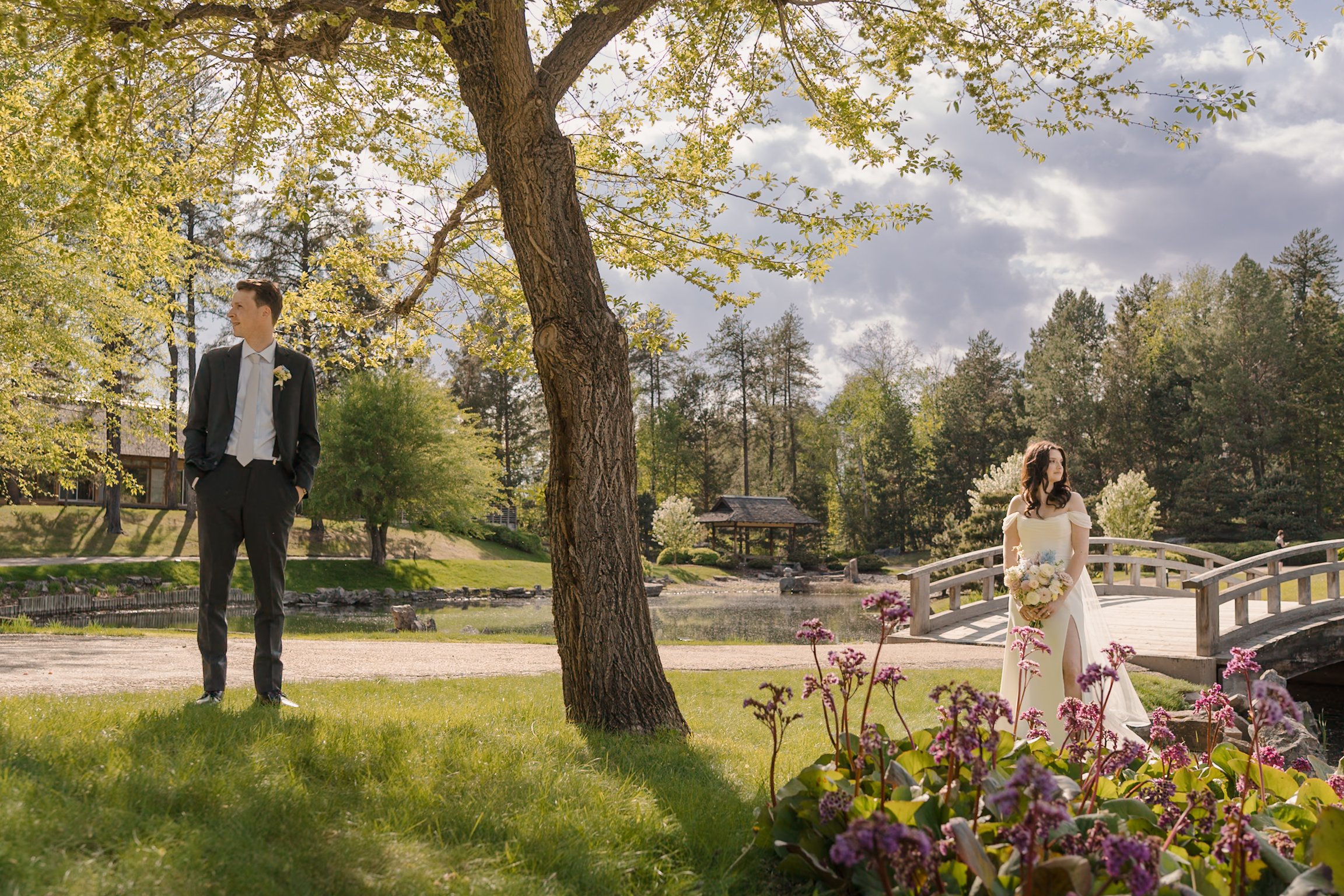 bride and groom kuromoto japanese garden springtime