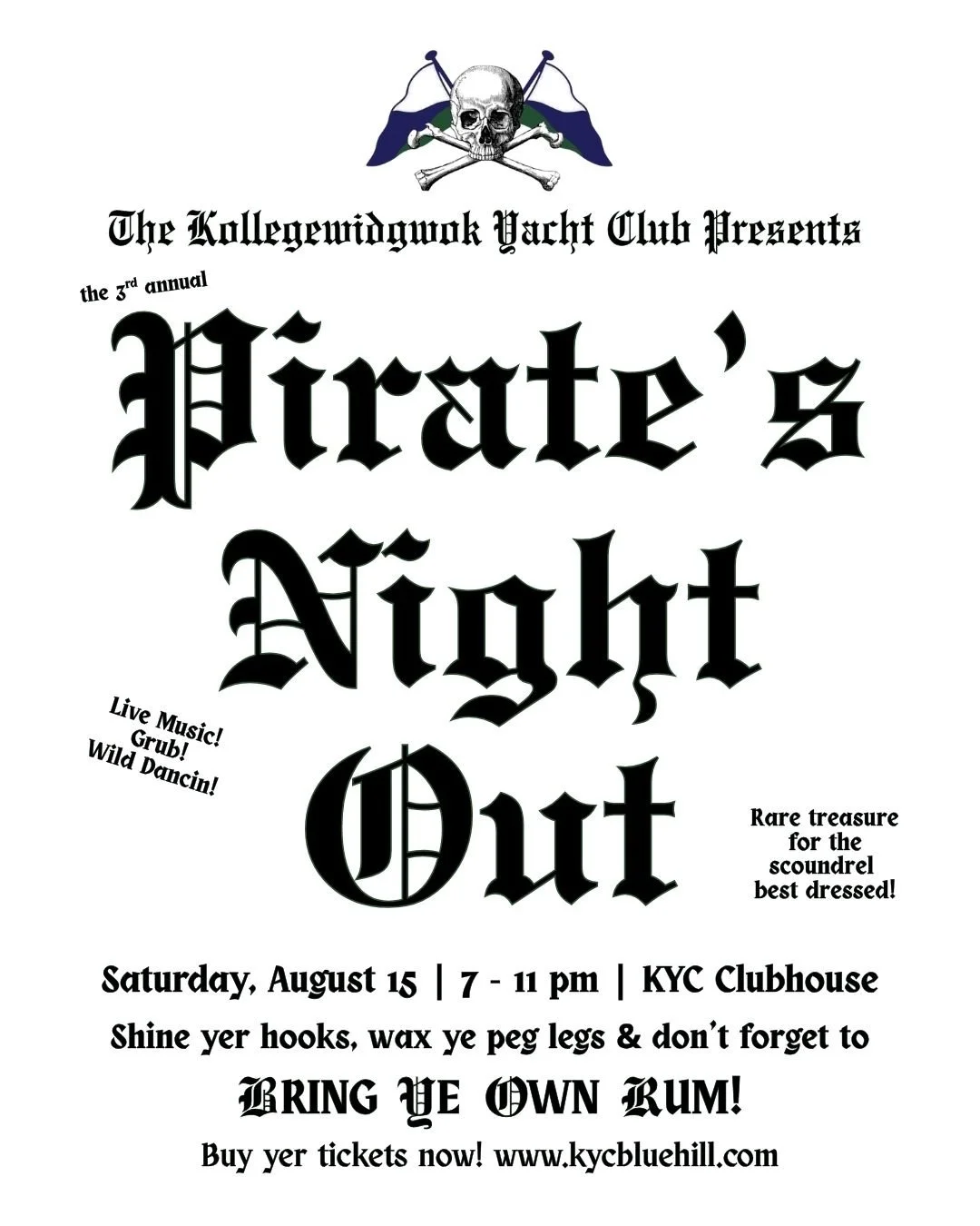 Pirate's Night Out is tonight!

@river_bottom_funk providing the tunes

Party kicks off at 7:00pm. 

Dress in your best pirate attire!