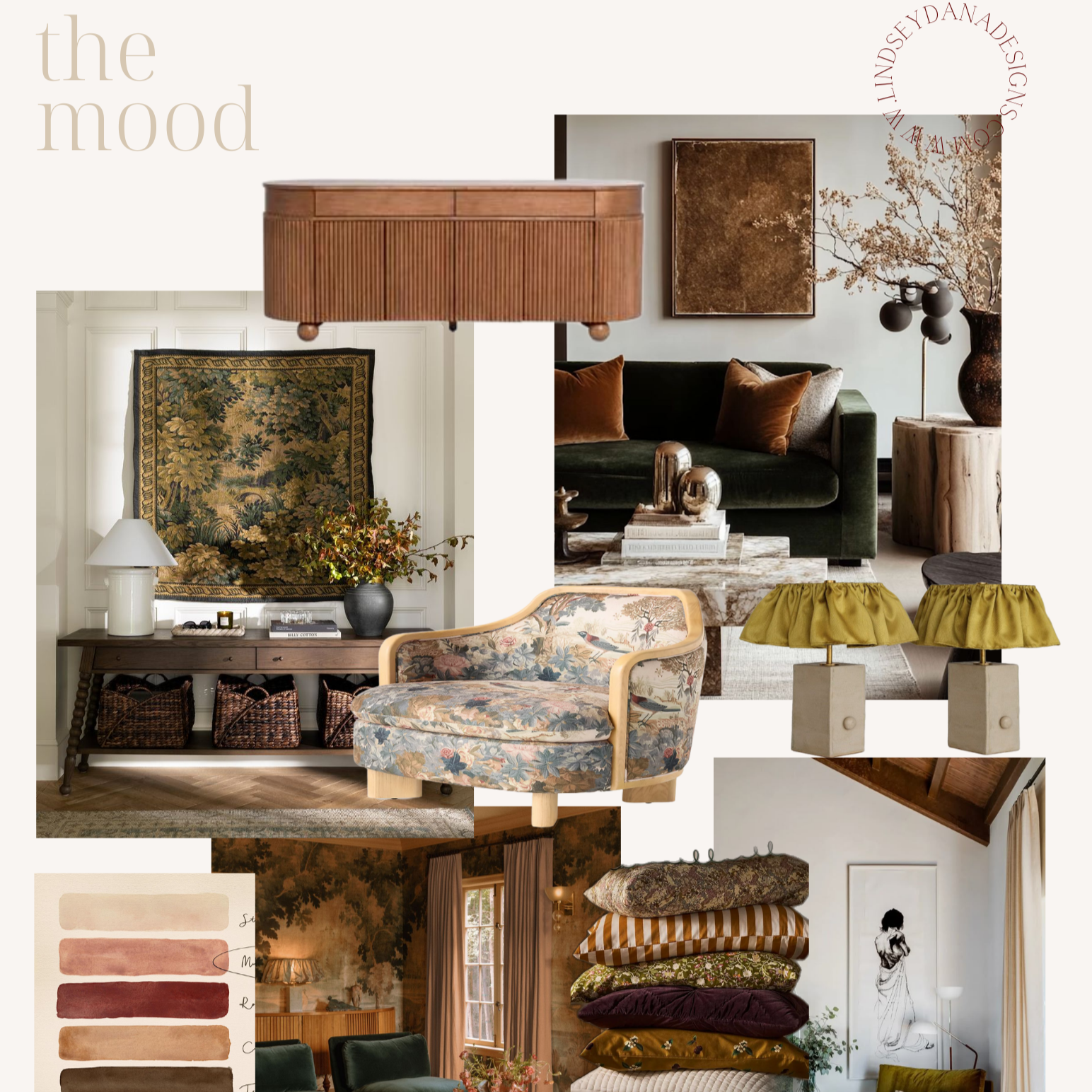 Collage of interior design decor and furniture including a wood console table with lamps and baskets, a floral armchair, a green velvet sofa with pillows, a textured wall art, a ceiling lamp, two small table lamps, and a stack of colorful pillows with a portrait wallpaper in the background.