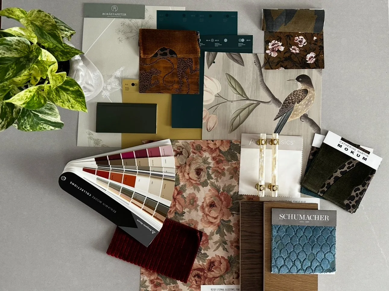 A flat lay of interior design material samples including fabric swatches, paint color fan deck, floral wallpaper, leaf-patterned wallpaper, a potted plant, color swatches, and sample boards arranged on a flat surface.