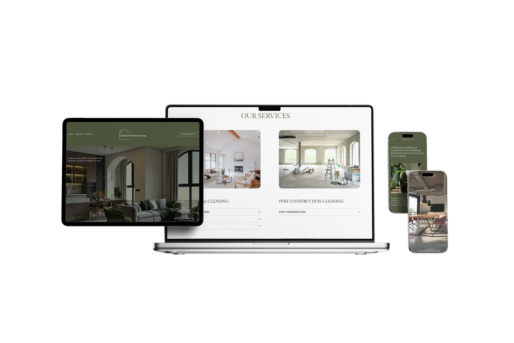 Multiple electronic devices displaying interior design and cleaning service websites, including a laptop, tablet, and smartphones, against a black background.