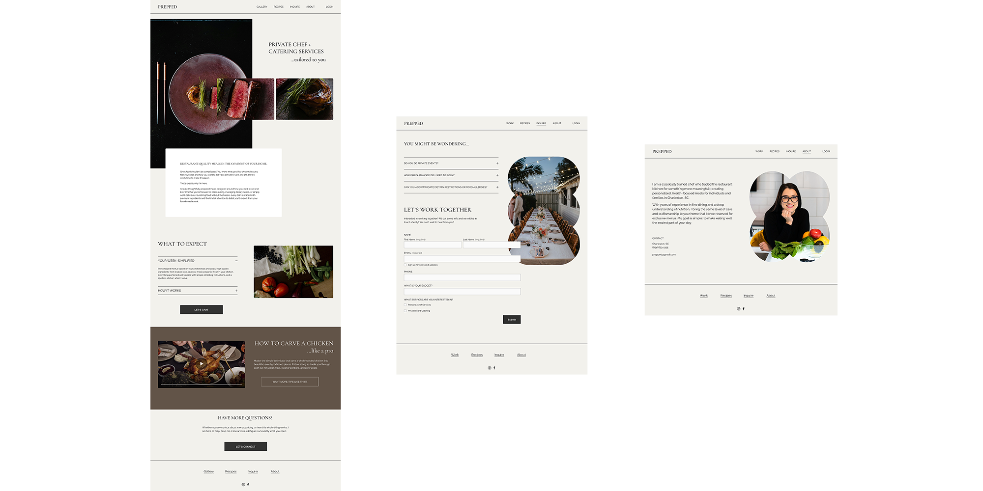 Three website layouts related to a culinary or catering service. The first features a dish with a plate of meat and vegetables, and sections about the service and a cooking guide. The second shows a table setting with string lights overhead, and form fields for contact information and inquiries. The third displays a woman with glasses smiling near fresh produce, with navigation links for work, recipes, inquiry, and about.
