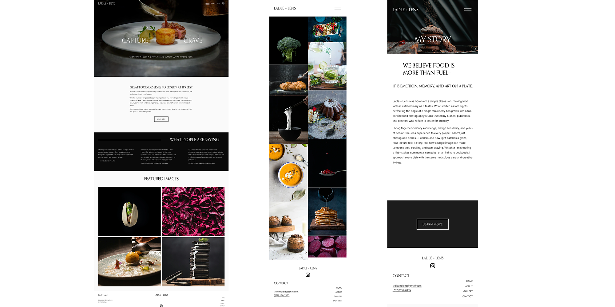 Screenshots of a food-focused website with images of gourmet dishes, ingredients, and desserts, featuring sections on food photography and culinary storytelling.