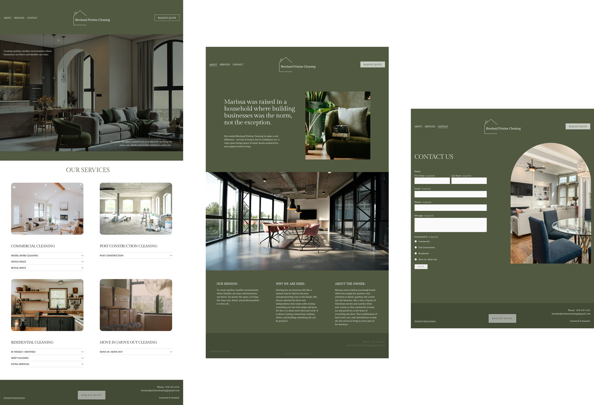 Collage of webpage screens for Breeland Pristine Cleaning, a cleaning service. The screens include sections on services offered such as commercial, post-construction, residential, and move-in/move-out cleaning, along with images of clean, modern interiors, and a contact form page.