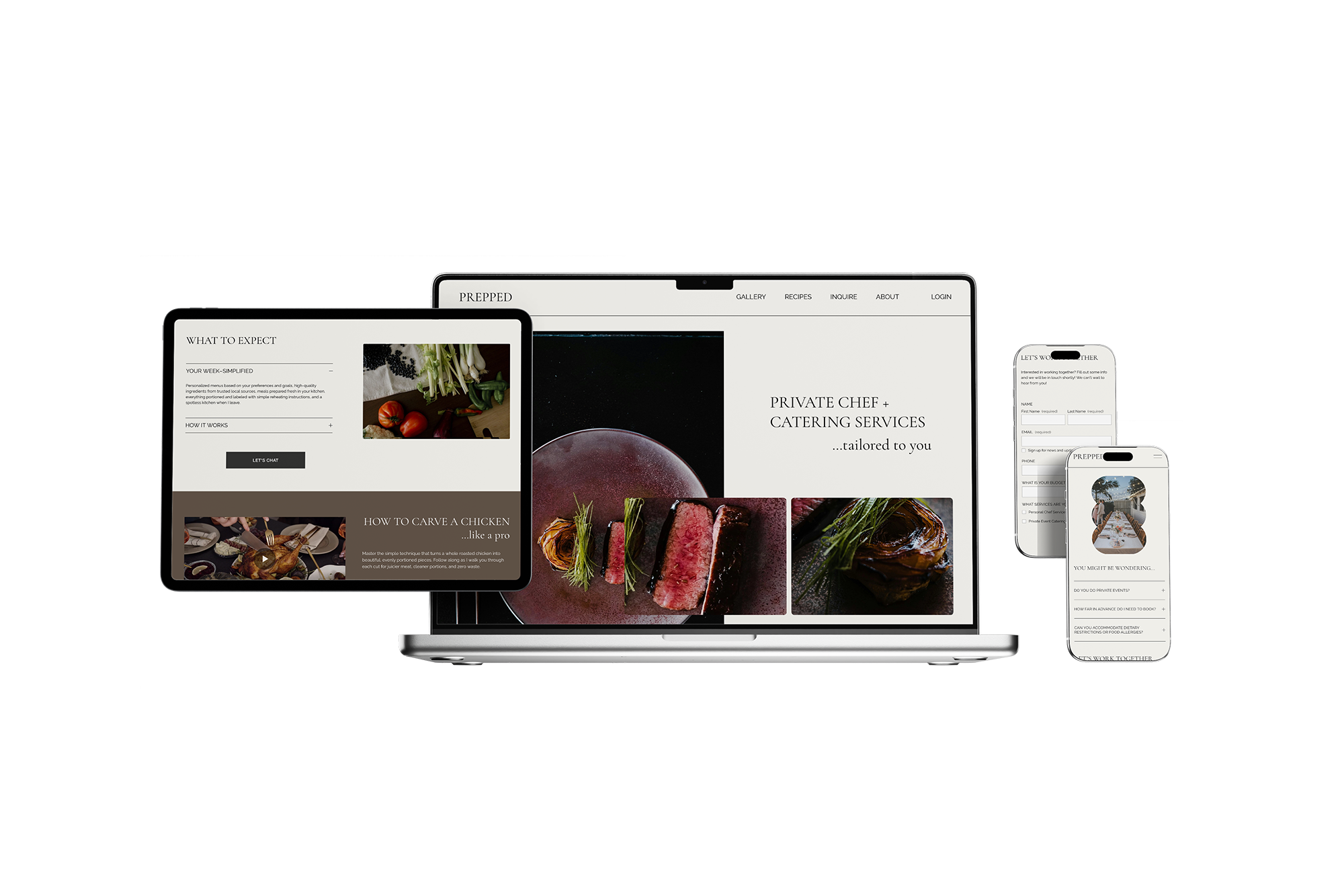 Mockups displaying a cooking and catering website with images of food and text about private chef and catering services.