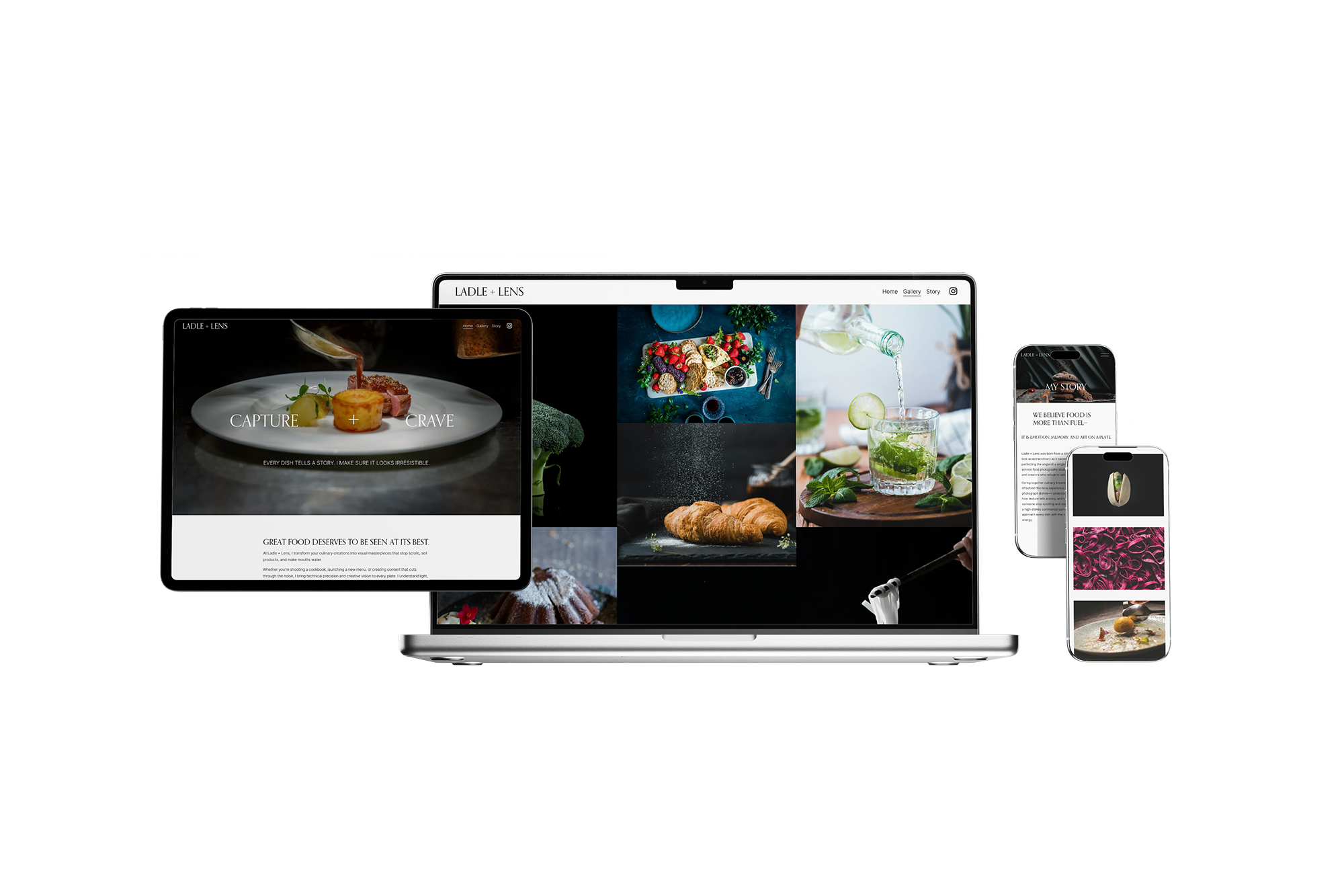 Multiple electronic devices displaying a visual portfolio of food and drink photography on black background.
