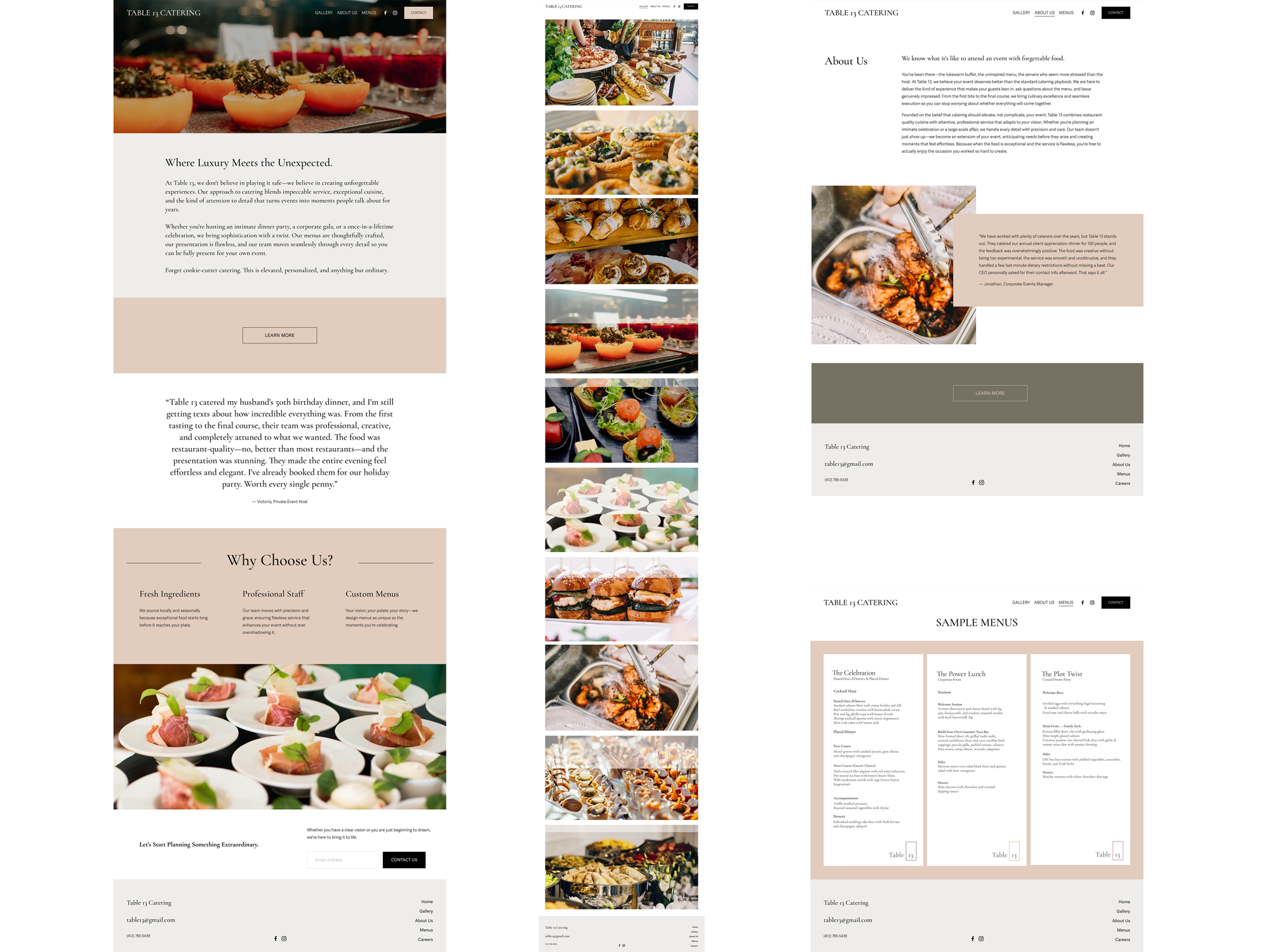 Collage of catering website pages showing food images, event details, menu options, and contact information.