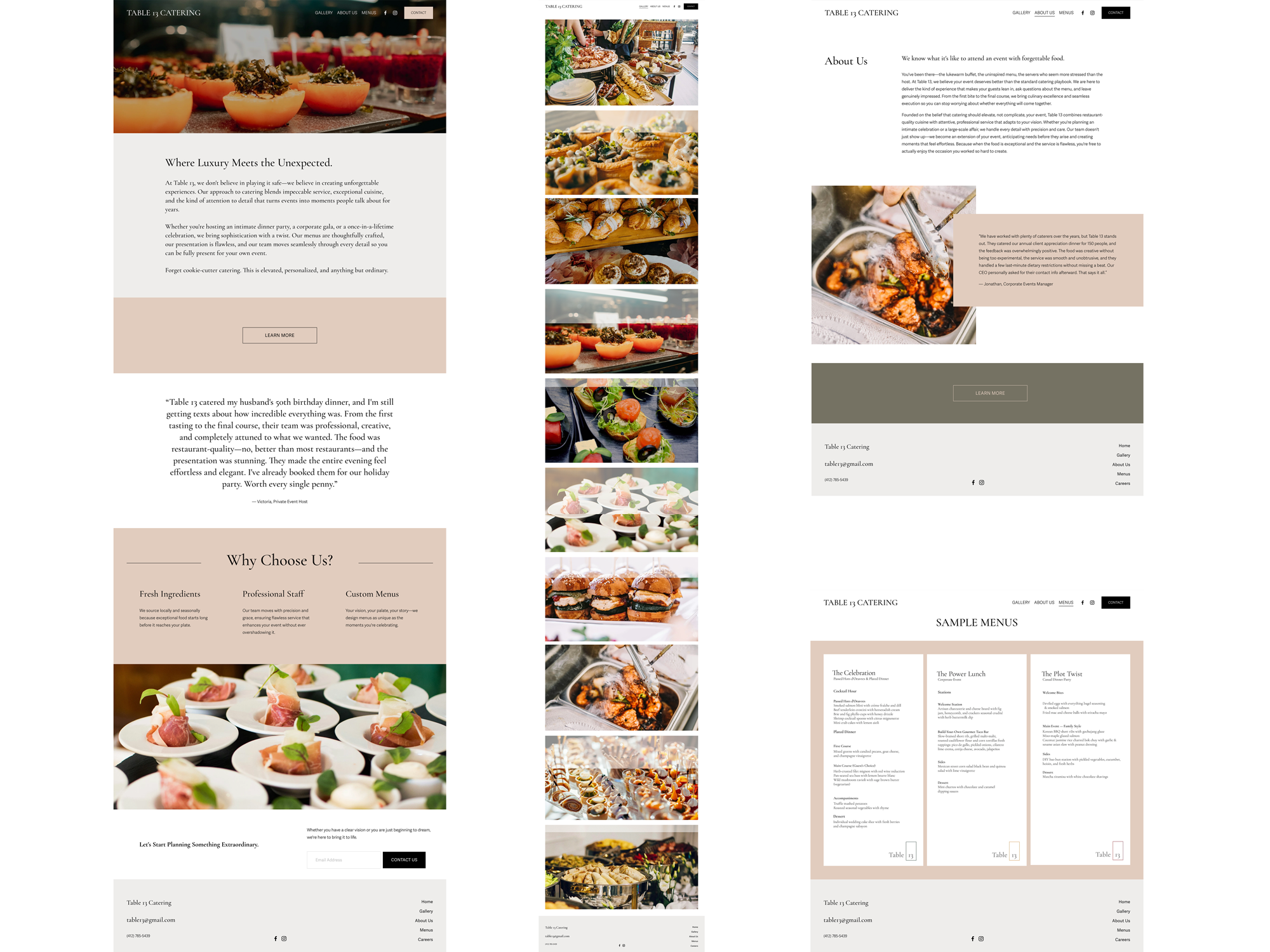 A collage of images related to catering and food service, including plated appetizers, a buffet spread with various dishes, and a close-up of a chef preparing food.